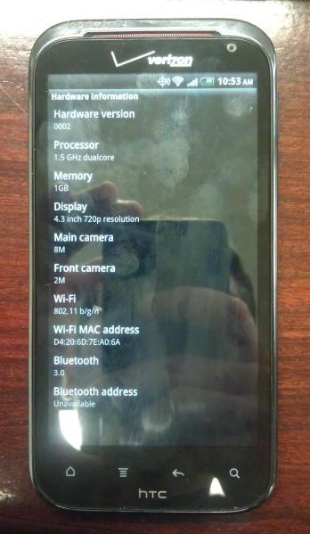 HTC Vigor Hardware Information Screen