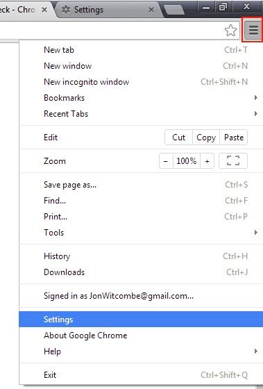 Google Chrome Setting menu